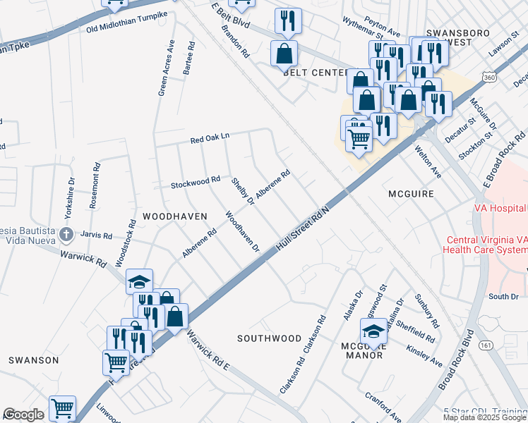 map of restaurants, bars, coffee shops, grocery stores, and more near 1017 Shelby Drive in Richmond