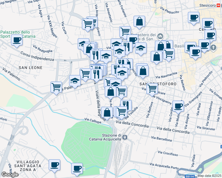map of restaurants, bars, coffee shops, grocery stores, and more near 1 Via Gismondo in Catania