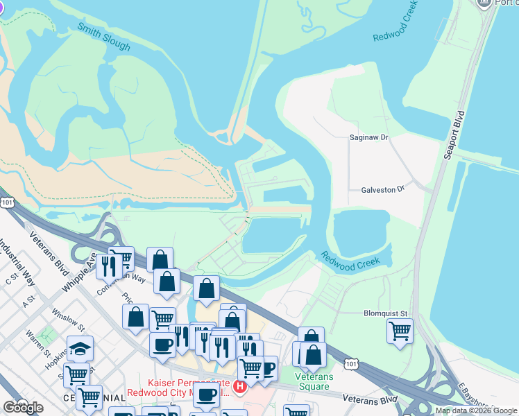 map of restaurants, bars, coffee shops, grocery stores, and more near 3 Uccelli Drive in Redwood City
