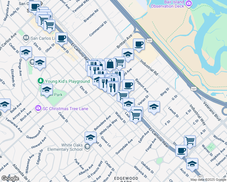map of restaurants, bars, coffee shops, grocery stores, and more near 1316 California 82 in San Carlos