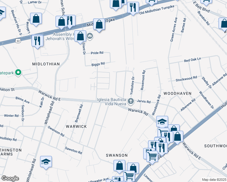 map of restaurants, bars, coffee shops, grocery stores, and more near 654 Effingham Drive in Richmond