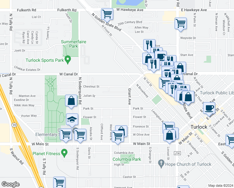 map of restaurants, bars, coffee shops, grocery stores, and more near 705 Julian Street in Turlock