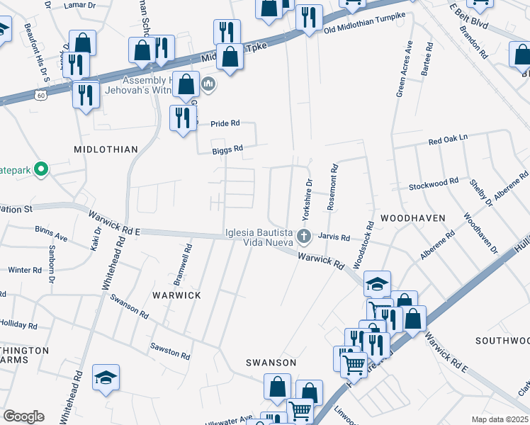 map of restaurants, bars, coffee shops, grocery stores, and more near 654 Effingham Drive in Richmond