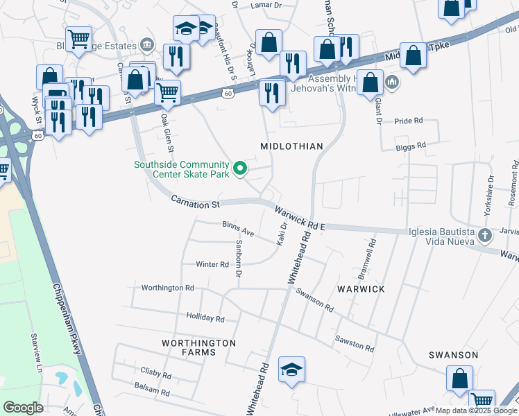 map of restaurants, bars, coffee shops, grocery stores, and more near 6201 Warwick Road in Richmond