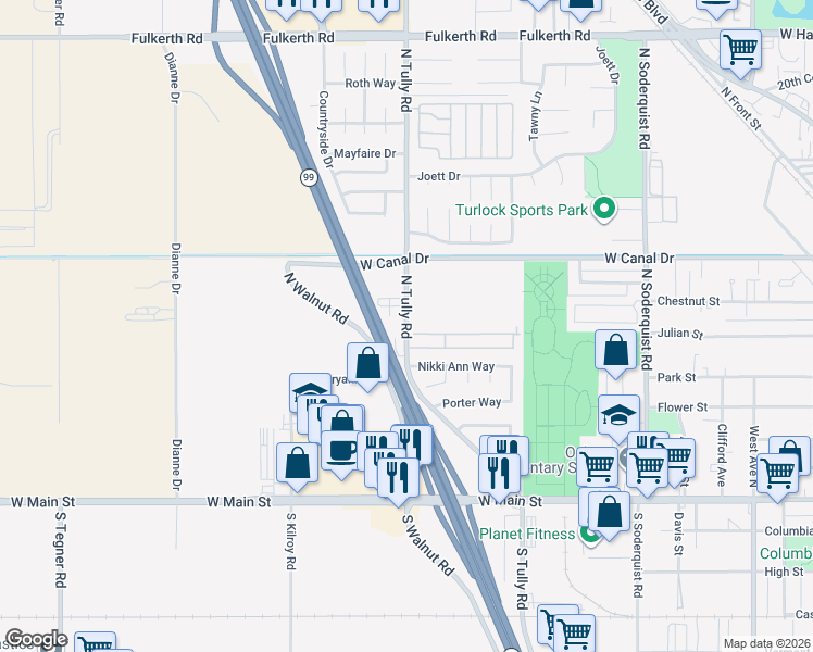 map of restaurants, bars, coffee shops, grocery stores, and more near 688 North Tully Road in Turlock