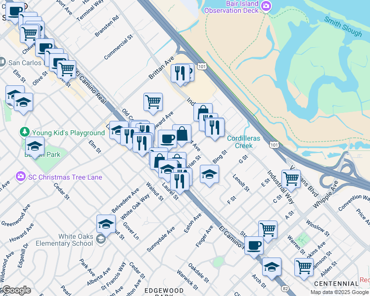 map of restaurants, bars, coffee shops, grocery stores, and more near 1040 Center Street in San Carlos