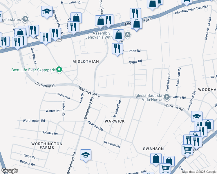 map of restaurants, bars, coffee shops, grocery stores, and more near 615 Tilton Court in Richmond