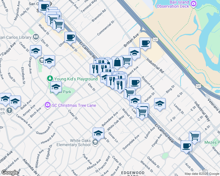 map of restaurants, bars, coffee shops, grocery stores, and more near 1239 Laurel Street in San Carlos