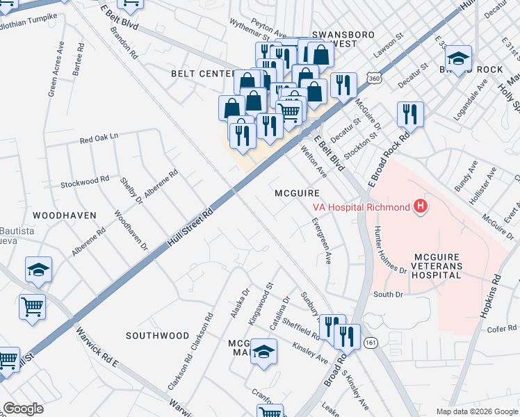map of restaurants, bars, coffee shops, grocery stores, and more near 811 Pebble Court in Richmond