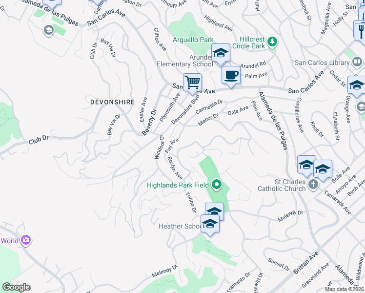 map of restaurants, bars, coffee shops, grocery stores, and more near 162 Coronado Avenue in San Carlos