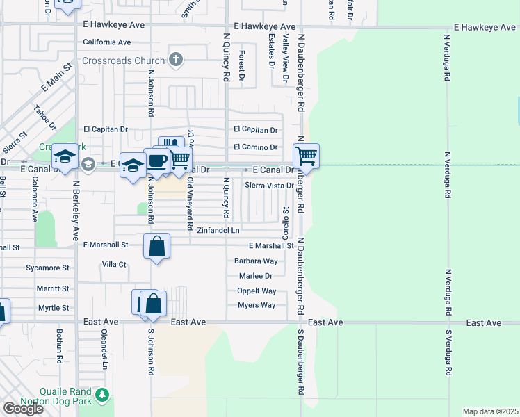 map of restaurants, bars, coffee shops, grocery stores, and more near 630 La Siesta Court in Turlock