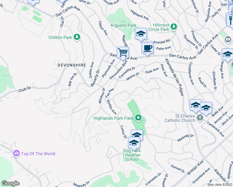 map of restaurants, bars, coffee shops, grocery stores, and more near 162 Coronado Avenue in San Carlos