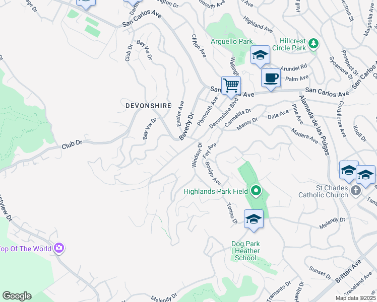 map of restaurants, bars, coffee shops, grocery stores, and more near 219 Devonshire Boulevard in San Carlos