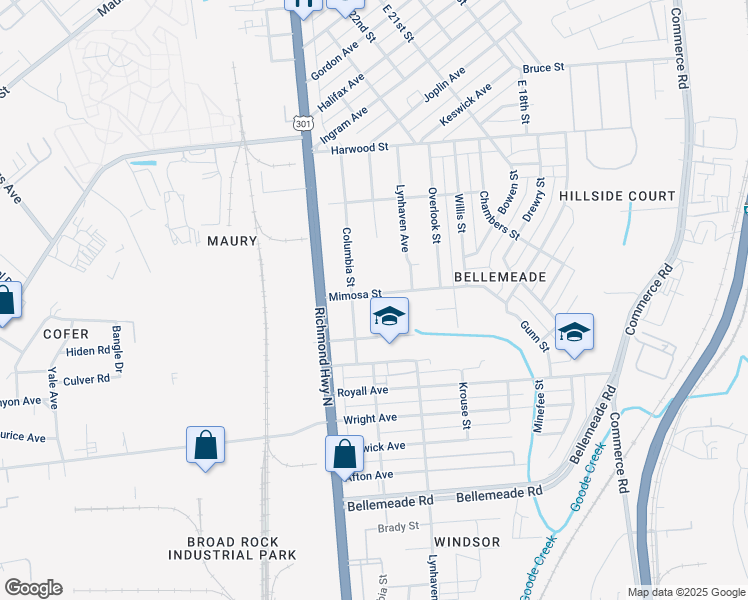 map of restaurants, bars, coffee shops, grocery stores, and more near 2410 Mimosa Street in Richmond