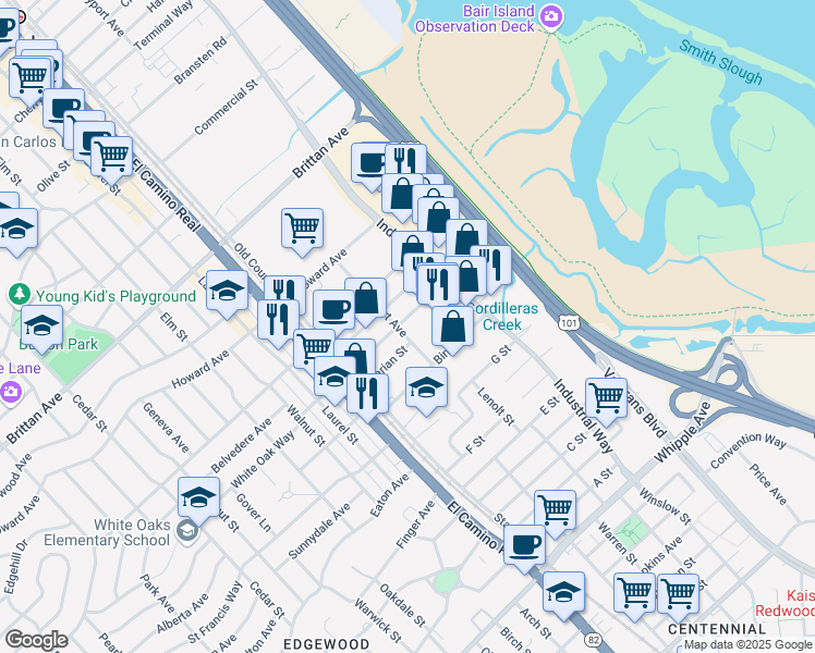 map of restaurants, bars, coffee shops, grocery stores, and more near 952A Washington Street in San Carlos