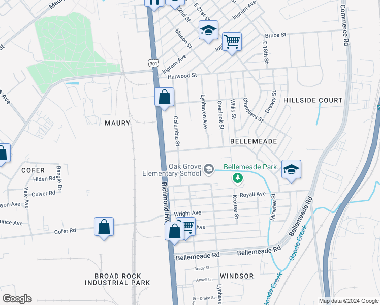 map of restaurants, bars, coffee shops, grocery stores, and more near 2410 Mimosa Street in Richmond