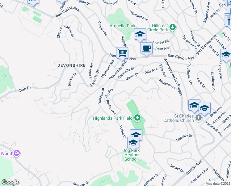 map of restaurants, bars, coffee shops, grocery stores, and more near 162 Coronado Avenue in San Carlos