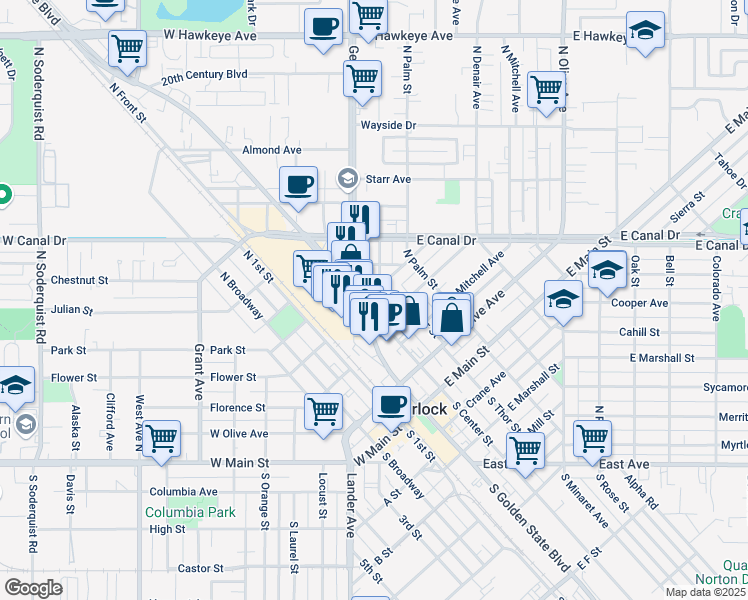 map of restaurants, bars, coffee shops, grocery stores, and more near 420 North Thor Street in Turlock