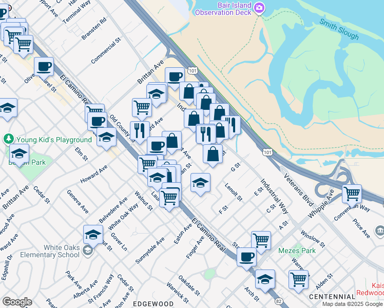 map of restaurants, bars, coffee shops, grocery stores, and more near 953 Washington Street in San Carlos