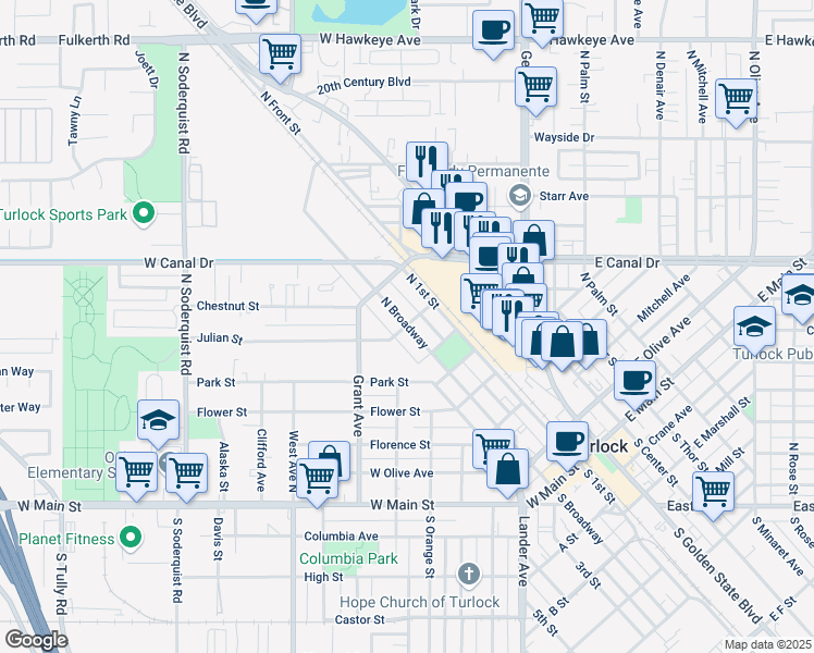 map of restaurants, bars, coffee shops, grocery stores, and more near 400 Julian Street in Turlock