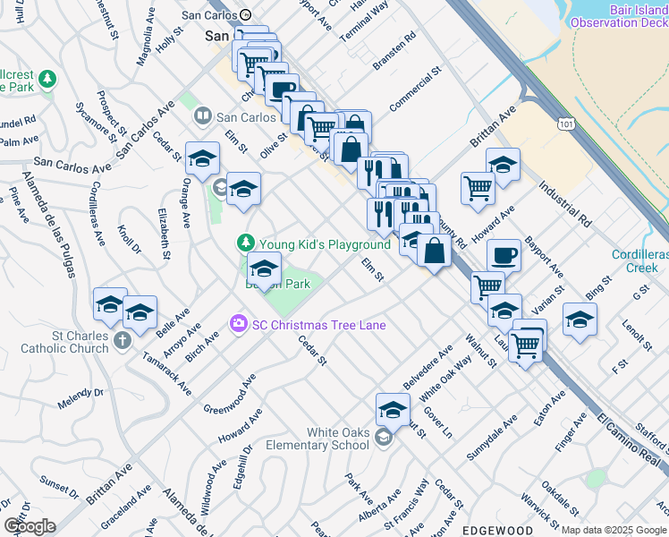 map of restaurants, bars, coffee shops, grocery stores, and more near 1036 Rosewood Avenue in San Carlos