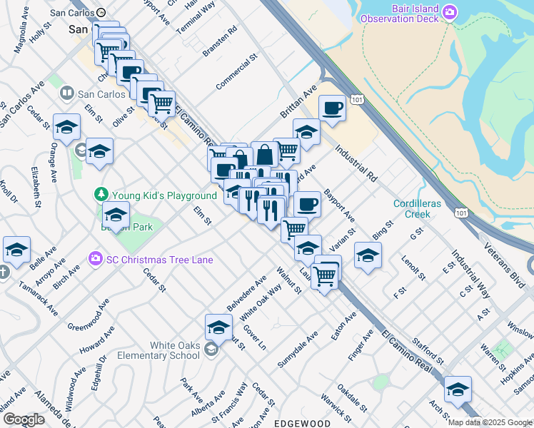 map of restaurants, bars, coffee shops, grocery stores, and more near 1316 California 82 in San Carlos