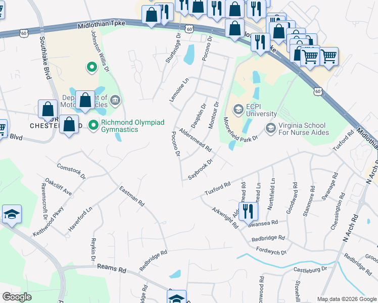 map of restaurants, bars, coffee shops, grocery stores, and more near 420 Montour Drive in Chesterfield County