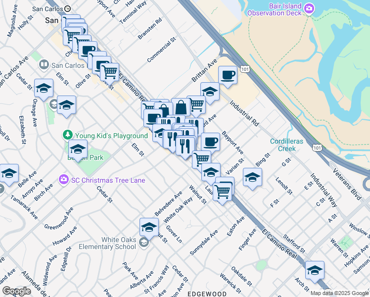 map of restaurants, bars, coffee shops, grocery stores, and more near 1316 California 82 in San Carlos