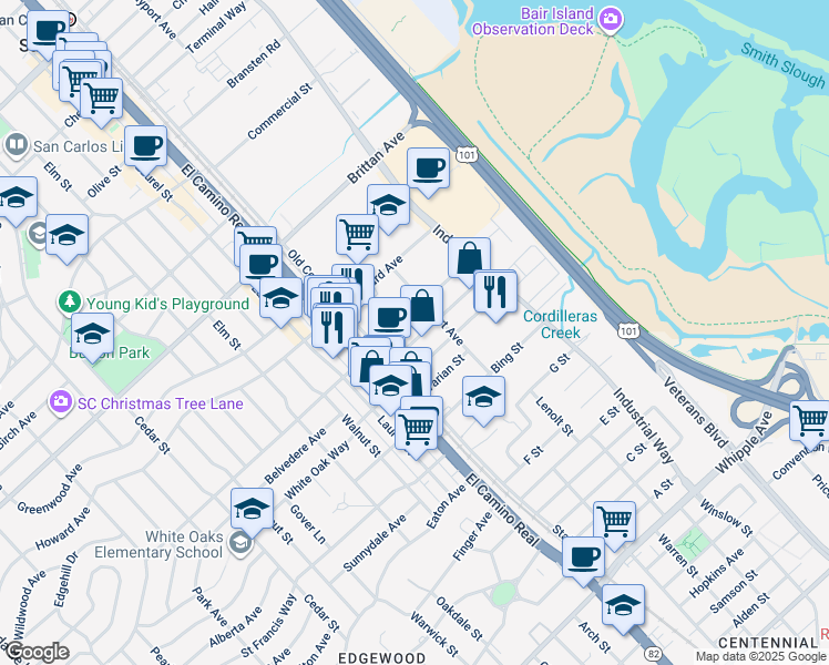 map of restaurants, bars, coffee shops, grocery stores, and more near 1040 Center St in San Carlos