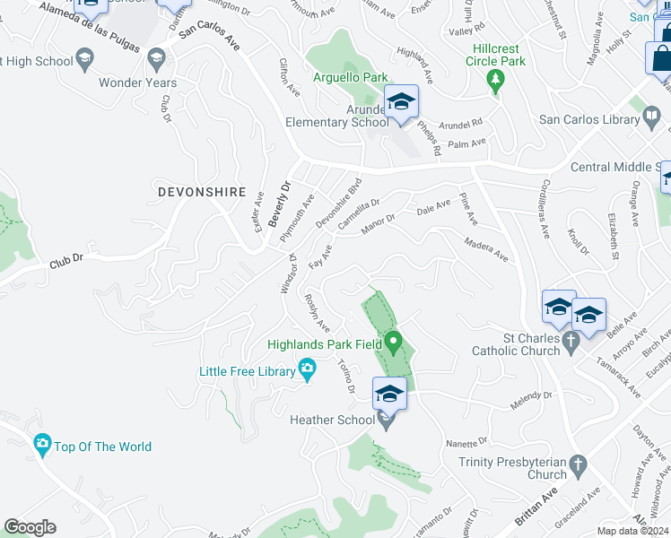 map of restaurants, bars, coffee shops, grocery stores, and more near 132 Coronado Avenue in San Carlos