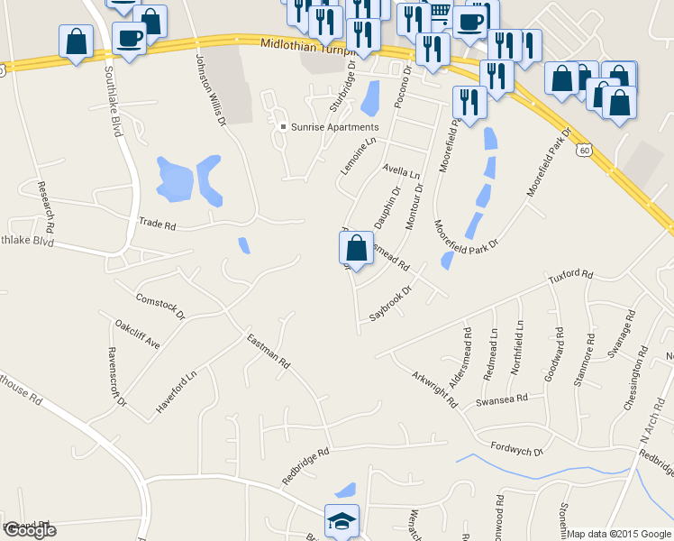 map of restaurants, bars, coffee shops, grocery stores, and more near 420 Pocono Drive in Richmond