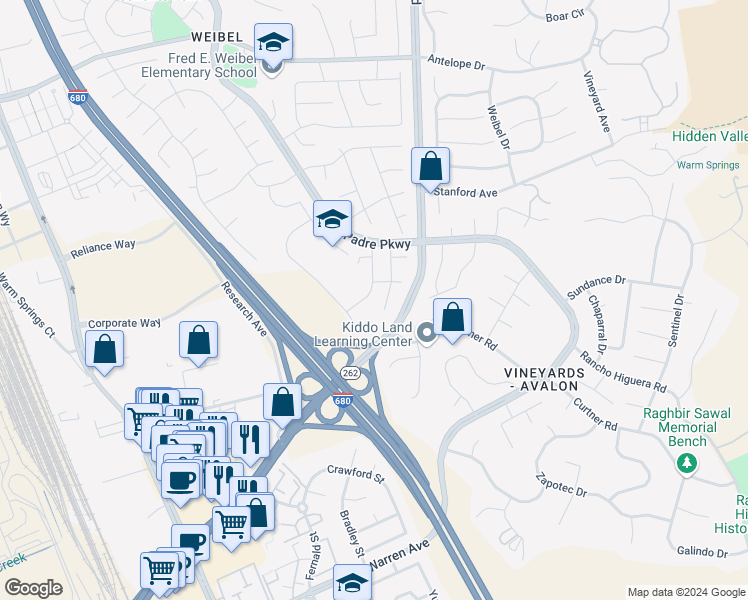 map of restaurants, bars, coffee shops, grocery stores, and more near 45988 Omega Drive in Fremont