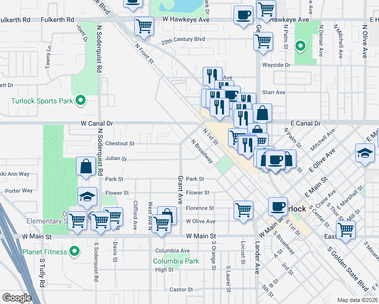 map of restaurants, bars, coffee shops, grocery stores, and more near 724 Lexington Avenue in Turlock