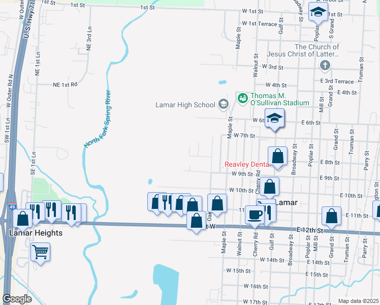 map of restaurants, bars, coffee shops, grocery stores, and more near 700 West 8th Street in Lamar