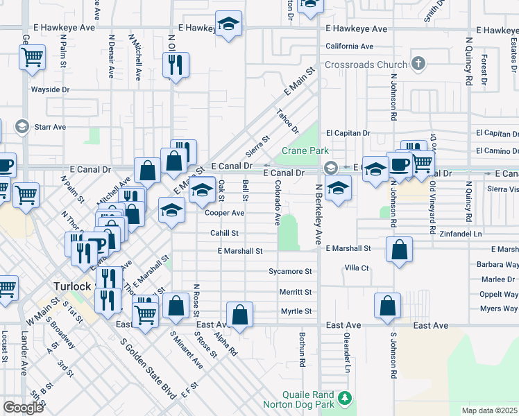 map of restaurants, bars, coffee shops, grocery stores, and more near 1413 Cooper Avenue in Turlock