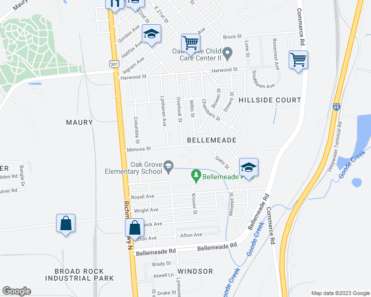 map of restaurants, bars, coffee shops, grocery stores, and more near 2302 Mimosa Street in Richmond