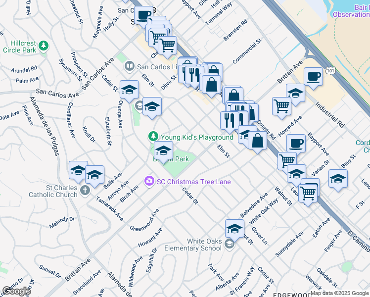 map of restaurants, bars, coffee shops, grocery stores, and more near 1017 Woodland Avenue in San Carlos