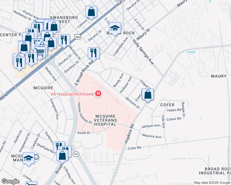 map of restaurants, bars, coffee shops, grocery stores, and more near 3443 McGuire Drive in Richmond