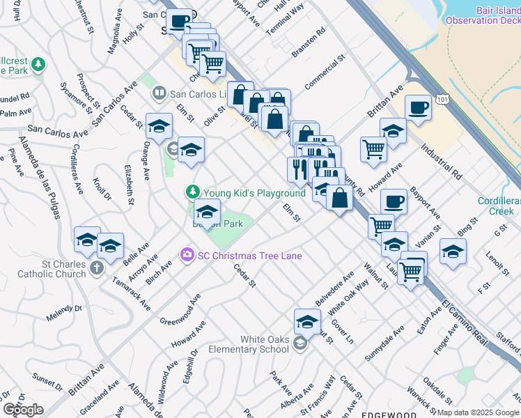 map of restaurants, bars, coffee shops, grocery stores, and more near 1036 Rosewood Avenue in San Carlos