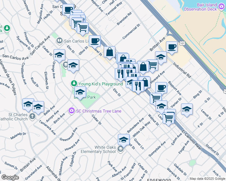 map of restaurants, bars, coffee shops, grocery stores, and more near 1120 Elm Street in San Carlos