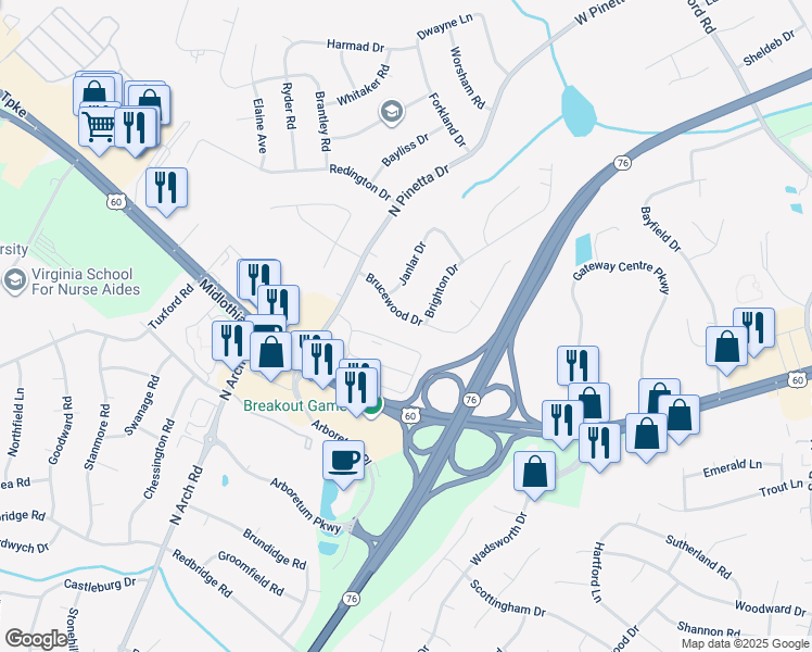 map of restaurants, bars, coffee shops, grocery stores, and more near 9009 Brucewood Drive in Bon Air