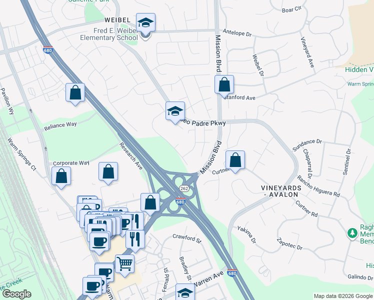 map of restaurants, bars, coffee shops, grocery stores, and more near 484 Crystalline Drive in Fremont