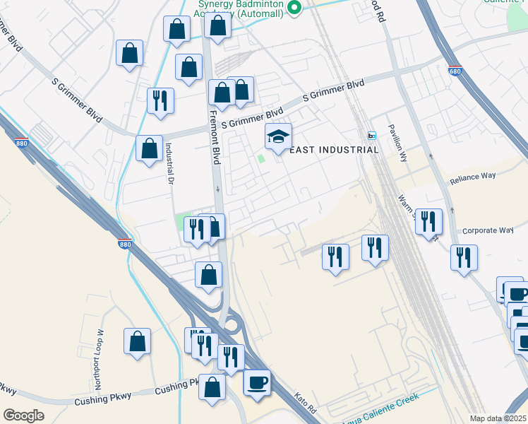 map of restaurants, bars, coffee shops, grocery stores, and more near Kato Road in Fremont