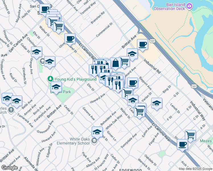 map of restaurants, bars, coffee shops, grocery stores, and more near 1239 Laurel Street in San Carlos