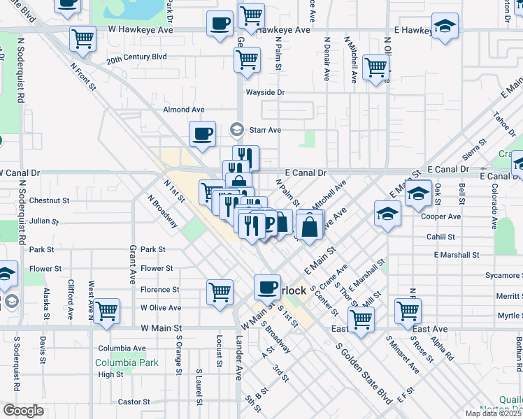 map of restaurants, bars, coffee shops, grocery stores, and more near 420 North Thor Street in Turlock