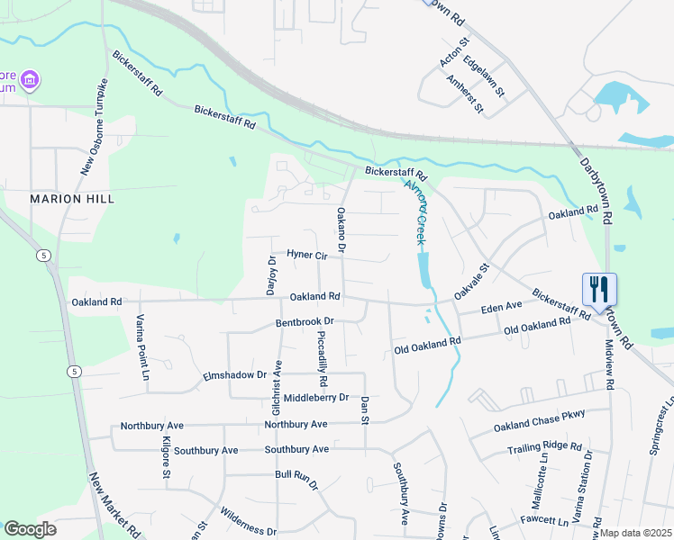 map of restaurants, bars, coffee shops, grocery stores, and more near 6106 Oakano Drive in Henrico