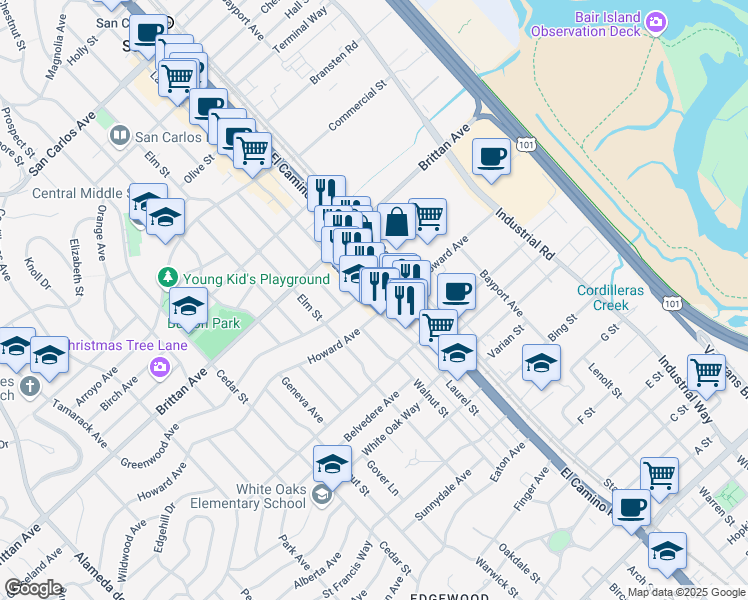 map of restaurants, bars, coffee shops, grocery stores, and more near 1239 Laurel Street in San Carlos