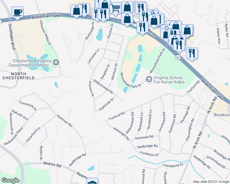 map of restaurants, bars, coffee shops, grocery stores, and more near 401 Aldersmead Road in Richmond