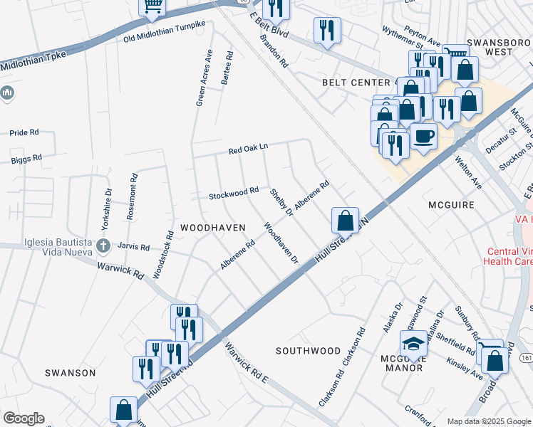 map of restaurants, bars, coffee shops, grocery stores, and more near 831 Woodhaven Drive in Richmond