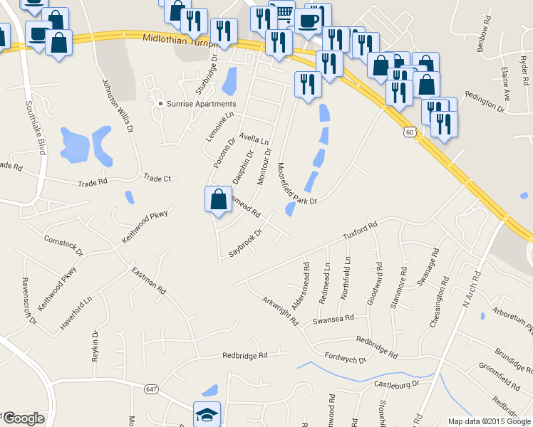 map of restaurants, bars, coffee shops, grocery stores, and more near 401 Aldersmead Road in Richmond